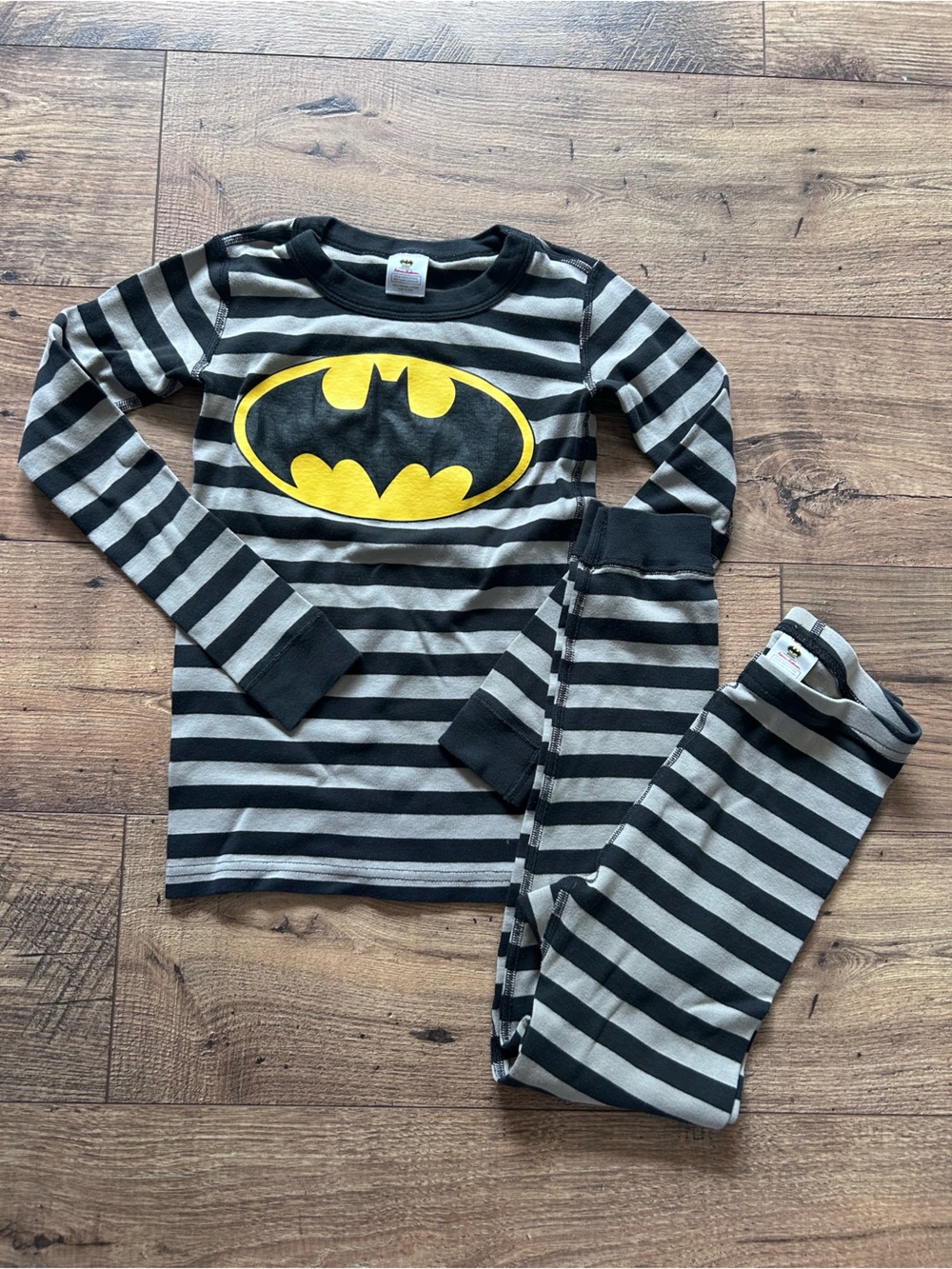 Hanna Andersson Black & Gray Striped Batman Pajama Set with Yellow Logo